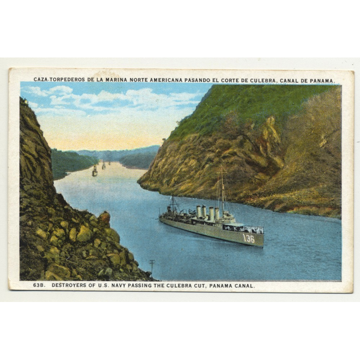 Destroyers Of U.S. Navy Passing The Culebra Cut / Panama Canal (Vintage Postcard ~1920s)