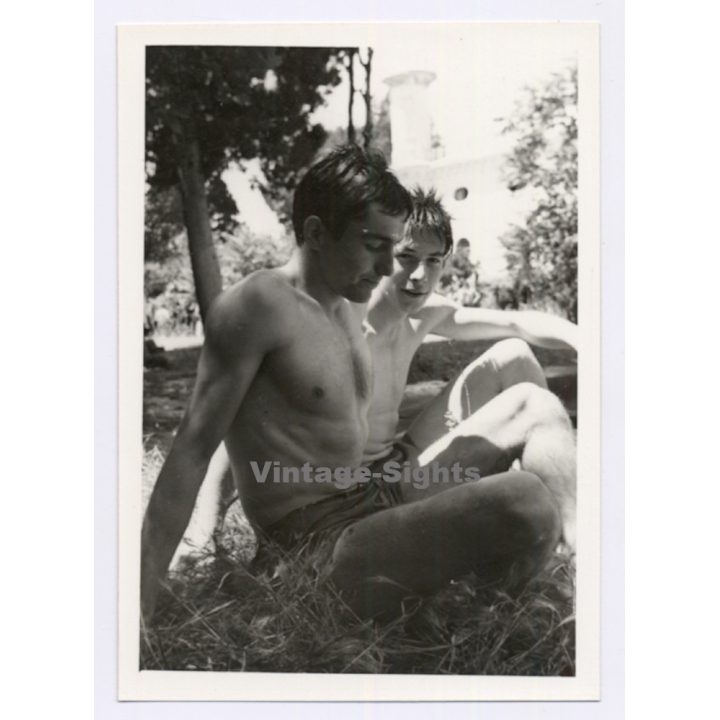 2 Handsome Young Men In Trunks Sitting On Meadow / Gay INT (Vintage Photo 1960s)