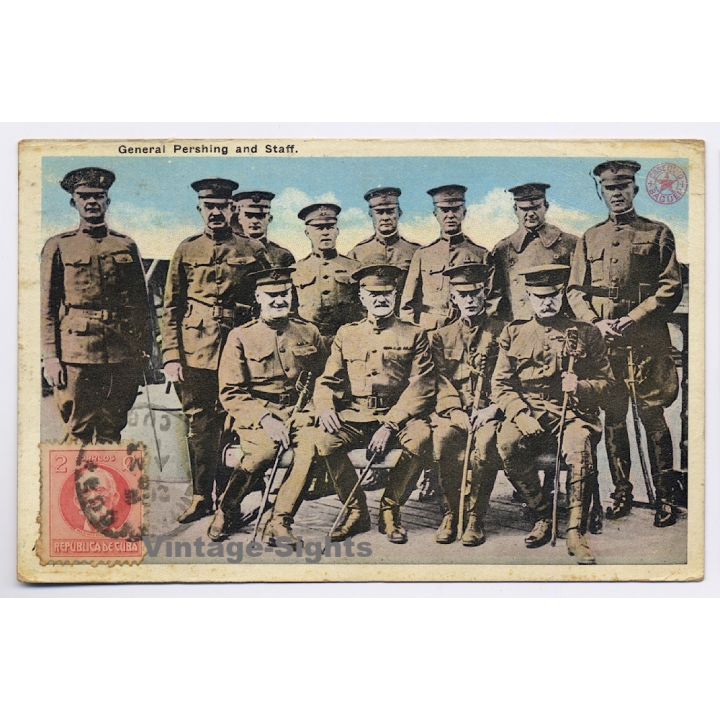 WW1: General Pershing And Staff / Cuba To Mallorca! (Vintage PC 1919)
