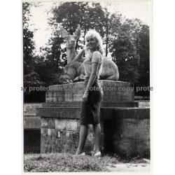Blonde Woman In Front Of Deer Sculpture (Vintage Fashion Photo  ~1960s)