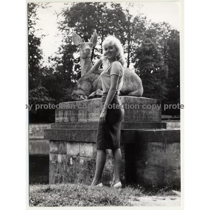 Blonde Woman In Front Of Deer Sculpture (Vintage Fashion Photo  ~1960s)