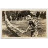 Japan: Fisherwoman Mending Net / Traditional Garb - Kimono (Vintage RPPC 1925)
