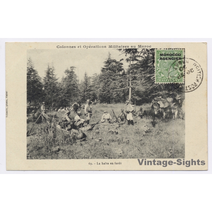 French Protectorate in Morocco: Le Halte en Fôret / Soldats (Vintage PC 1920)