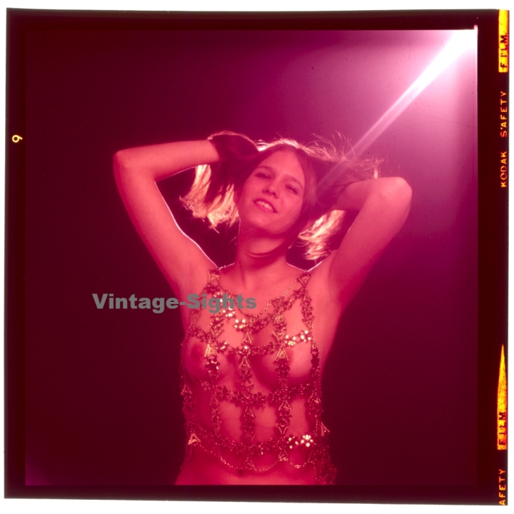 Erotic Study: Brunette Semi Nude In Transparent Glitter Top*1 (Vintage Diapositive KORENJAK 1970s/1980s)
