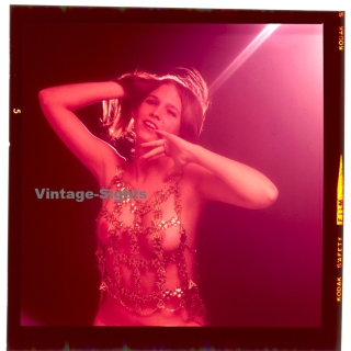 Erotic Study: Brunette Semi Nude In Transparent Glitter Top*2 (Vintage Diapositive KORENJAK 1970s/1980s)