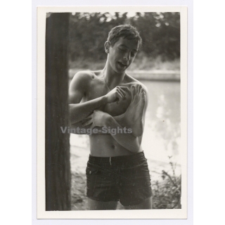 Topless Young Man In Swim Trunks Tickles Foot Of Friend / Gay INT (Vintage Photo 1960s)