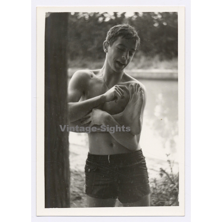 Topless Young Man In Swim Trunks Tickles Foot Of Friend / Gay INT (Vintage Photo 1960s)