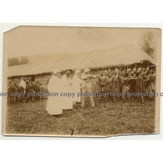 Colonial Master, Missionaries & African Tribe - Bow & Arrow / Congo (Vintage Photo ~1910s/1920s)
