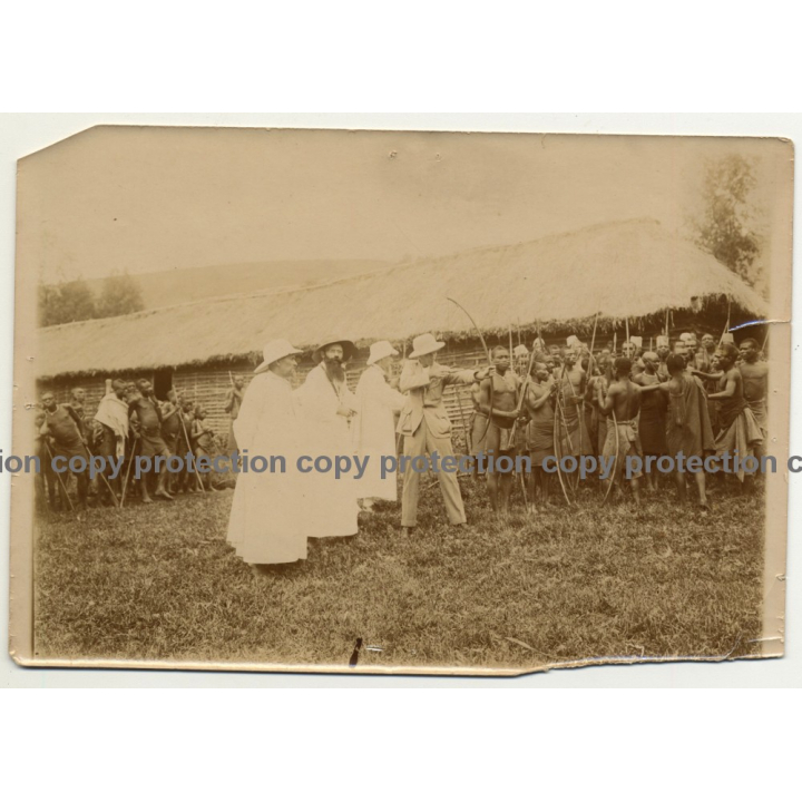 Colonial Master, Missionaries & African Tribe - Bow & Arrow / Congo (Vintage Photo ~1910s/1920s)