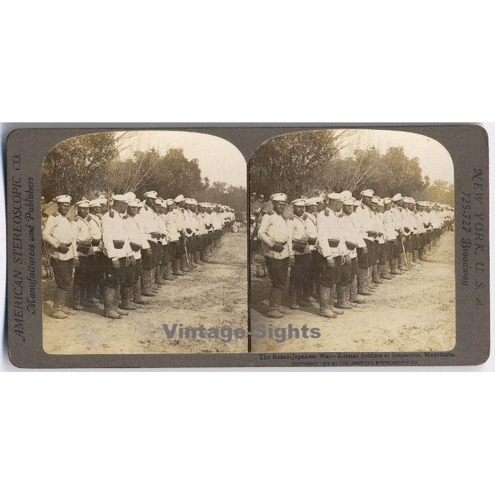 Russo-Japanese War / Manchuria: Russian Soldiers At Inspection (Vintage Stereoscopic Photo 1904)