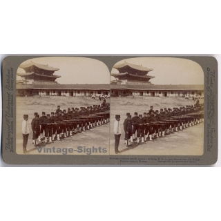 Seoul: Korean Soldiers (Under Arms) at Royal Palace (Vintage Stereoscopic Photo 1900s)