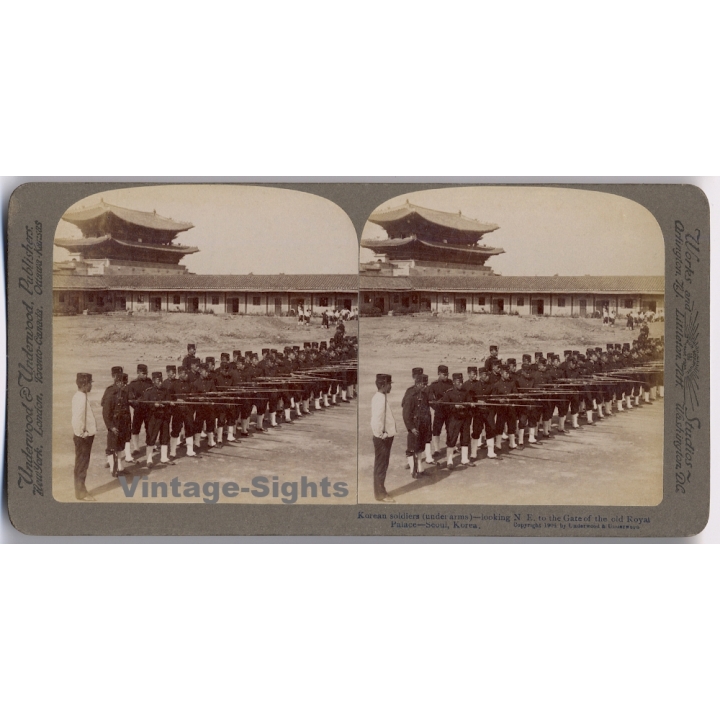 Seoul: Korean Soldiers (Under Arms) at Royal Palace (Vintage Stereoscopic Photo 1900s)