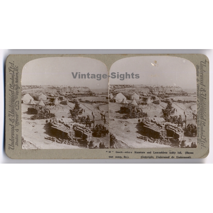 WW1: Lancashire Landing - W Beach - Gallipoli (Vintage Stereoscopic Photo 1915)