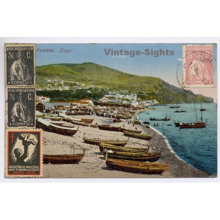 Funchal / Madeira: Plage / Beach - Fisherboats (Vintage PC 1922)