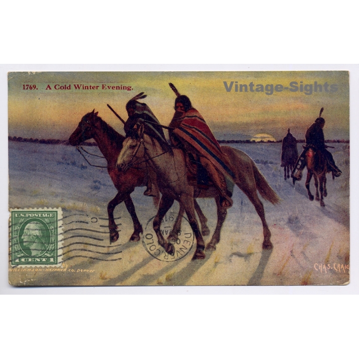 Charles Craig: A Cold Winter Evening / Native Americans On Horses (Vintage PC 1915)