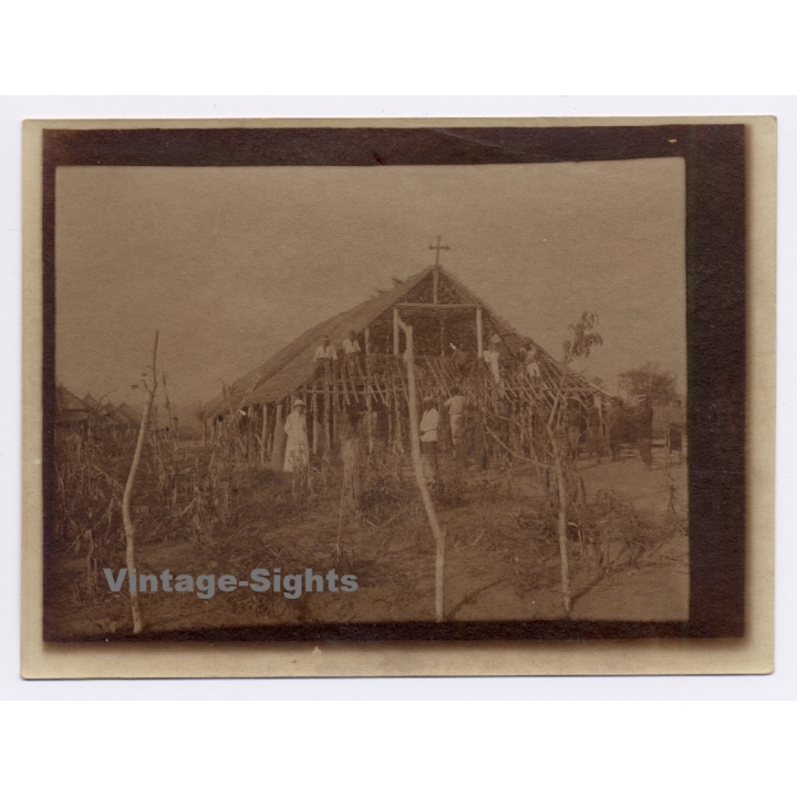 Royal Visit in Congo Belge 1928: Construction of a Mission Church (Vintage Photo)