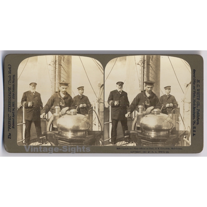 S.S. Columbia: Captain & 1st Officer On Duty - Mid-Ocean (Vintage Stereoscopic Photo 1901)