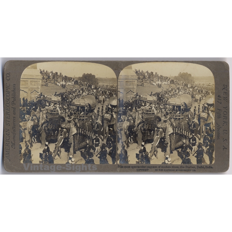 Delhi / India: The Durbar Procession / Decorated Elephants (Vintage Stereoscopic Photo 1900s)