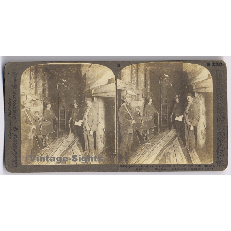 Hibbing / USA: Sellers' Iron Mine / Miners Far Down (Vintage Stereoscopic Photo 1900s)