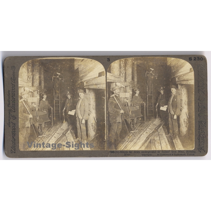 Hibbing / USA: Sellers' Iron Mine / Miners Far Down (Vintage Stereoscopic Photo 1900s)