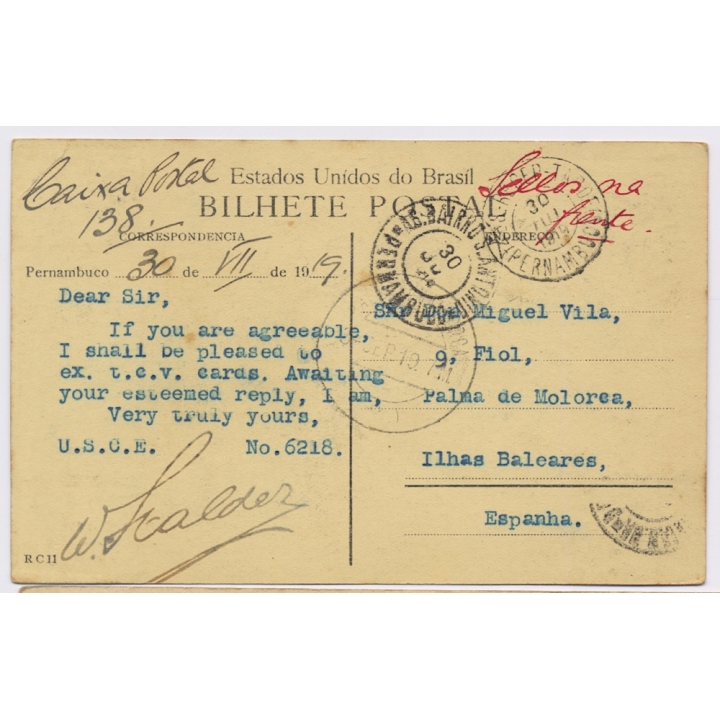 Pernambuco / Brazil: Native Straw Hut / U.S.C.E. (Vintage PC 1919)