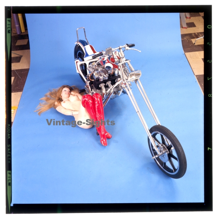 Erotic Study: Racy Blonde Pin-up Girl On Chopper*3 (Vintage Diapositive KORENJAK 1980s)