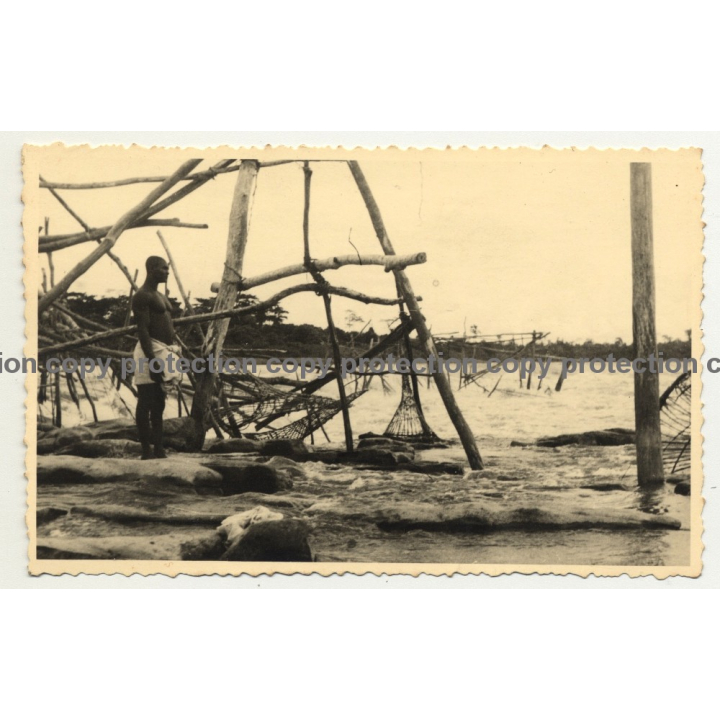 Congo / Africa: Fisherman At Stanley Falls / Fish Trap (Vintage RPPC B/W ~1920s/1930s)