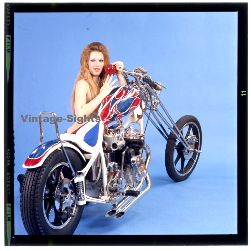 Erotic Study: Racy Blonde Pin-up Girl On Chopper*21 (Vintage Diapositive KORENJAK 1980s)