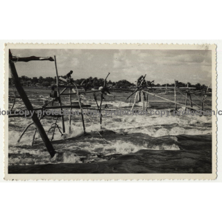 Congo / Africa: Fishermen Sitting On Fish Traps / Stanley Falls (Vintage RPPC B/W ~1920s/1930s)