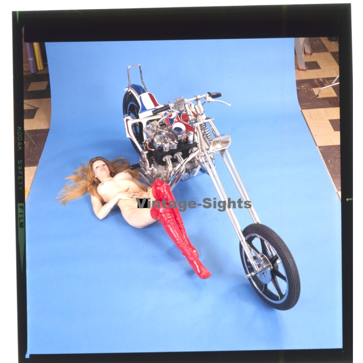 Erotic Study: Racy Blonde Pin-up Girl On Chopper*32 (Vintage Diapositive KORENJAK 1980s)