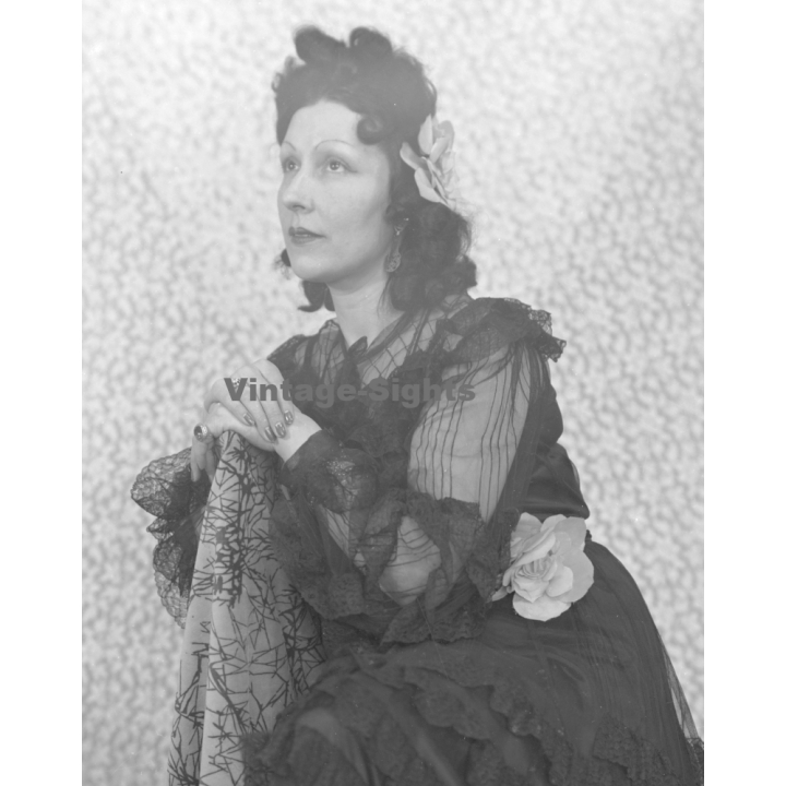 Fashion Study: Elegant Lady In Fancy Black Lace Dress *2 (Vintage Negative 18 X 13CM ~1930s/1940s)