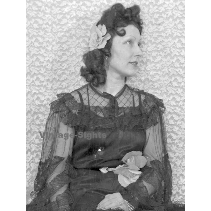 Fashion Study: Elegant Lady In Fancy Black Lace Dress *3 (Vintage Negative 18 X 13CM ~1930s/1940s)