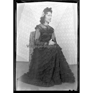 Fashion Study: Elegant Lady In Fancy Black Lace Dress *4 (Vintage Negative 18 X 13CM ~1930s/1940s)