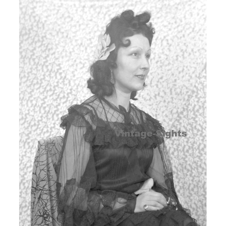 Fashion Study: Elegant Lady In Fancy Black Lace Dress *4 (Vintage Negative 18 X 13CM ~1930s/1940s)