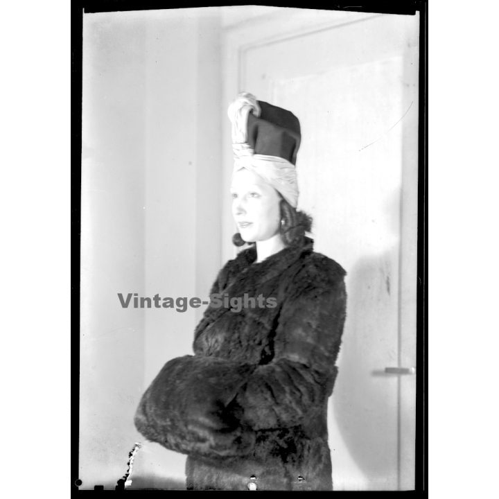 Fashion Study: Elegant Lady With Stylish Turban Style Hat (Vintage Negative 18 X 13CM ~1930s/1940s)