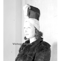 Fashion Study: Elegant Lady With Stylish Turban Style Hat (Vintage Negative 18 X 13CM ~1930s/1940s)
