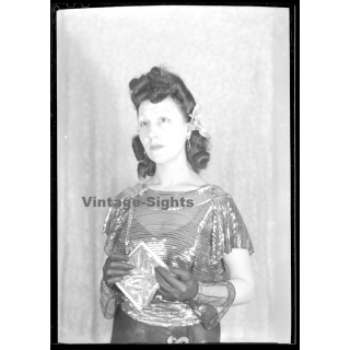 Fashion Study: Elegant Woman In Glitter Top*1 / Gloves & Clutch (Vintage Negative 18 X 13CM ~1930s/1940s)