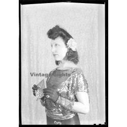 Fashion Study: Elegant Woman In Glitter Top*2 / Gloves & Clutch (Vintage Negative 18 X 13CM ~1930s/1940s)