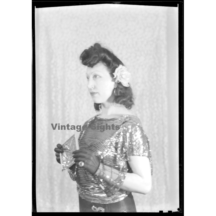 Fashion Study: Elegant Woman In Glitter Top*2 / Gloves & Clutch (Vintage Negative 18 X 13CM ~1930s/1940s)