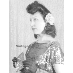 Fashion Study: Elegant Woman In Glitter Top*2 / Gloves & Clutch (Vintage Negative 18 X 13CM ~1930s/1940s)