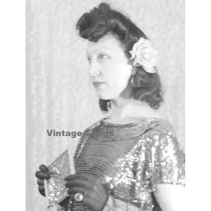 Fashion Study: Elegant Woman In Glitter Top*2 / Gloves & Clutch (Vintage Negative 18 X 13CM ~1930s/1940s)