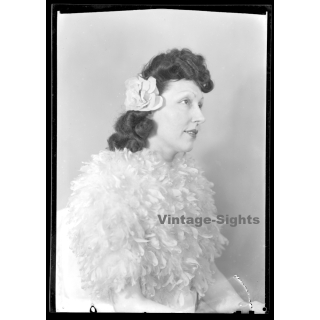 Fashion Study: Elegant Woman In Spectacular White Feather Dress*2 (Vintage Negative 18 X 13CM ~1930s/1940s)