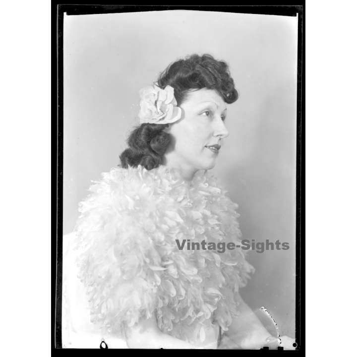 Fashion Study: Elegant Woman In Spectacular White Feather Dress*2 (Vintage Negative 18 X 13CM ~1930s/1940s)
