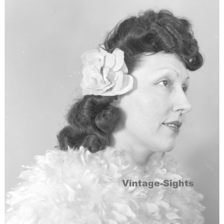 Fashion Study: Elegant Woman In Spectacular White Feather Dress*2 (Vintage Negative 18 X 13CM ~1930s/1940s)