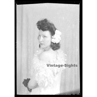Fashion Study: Elegant Woman In Spectacular White Feather Dress*3 (Vintage Negative 18 X 13CM ~1930s/1940s)