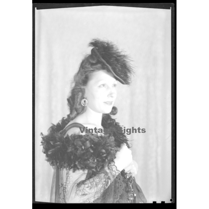 Fashion Study: Elegant Woman In Feather Dress With Fancy Hat (Vintage Negative 18 X 13CM ~1930s/1940s)