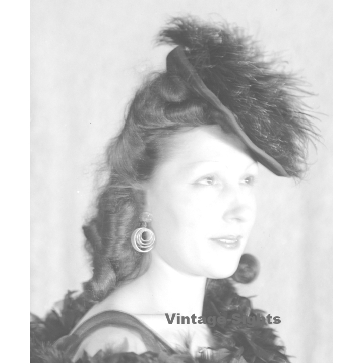 Fashion Study: Elegant Woman In Feather Dress With Fancy Hat (Vintage Negative 18 X 13CM ~1930s/1940s)