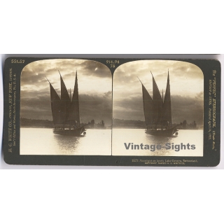 Switzerland: Moonlight On Lovely Lake Geneva / Three Masted Sailboat (Vintage Stereoscopic Photo 1908)