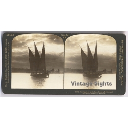Switzerland: Moonlight On Lovely Lake Geneva / Three Masted Sailboat (Vintage Stereoscopic Photo 1908)