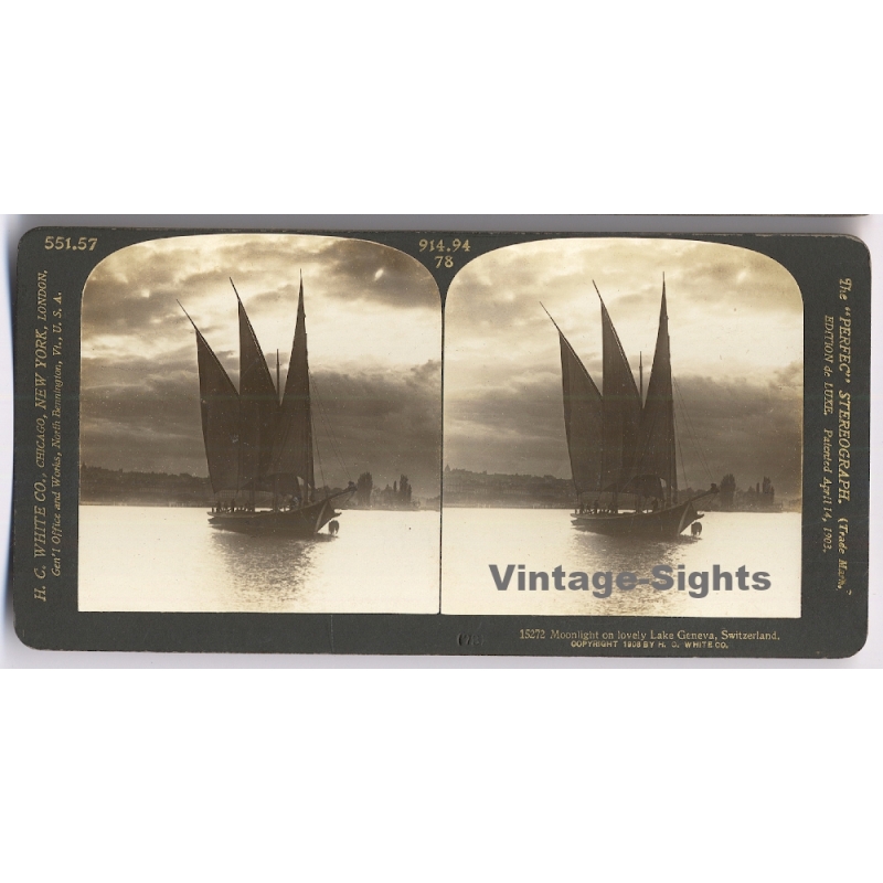 Switzerland: Moonlight On Lovely Lake Geneva / Three Masted Sailboat (Vintage Stereoscopic Photo 1908)